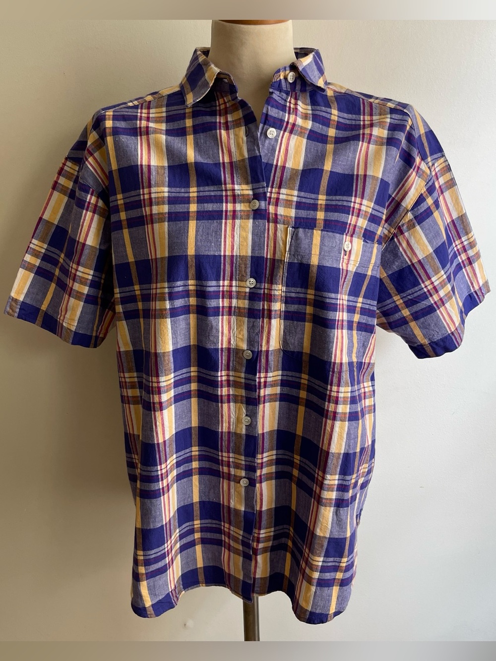 Vintage NWOT Venezia Sportswear Plaid Button Down Shirt Blue Cotton Size 14 / 16